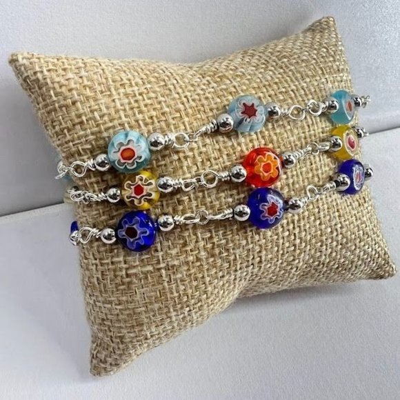 Handmade Millefiori Glass Bracelet Set with Lobster Clasp Silver. Blue Red - Picture 1 of 7
